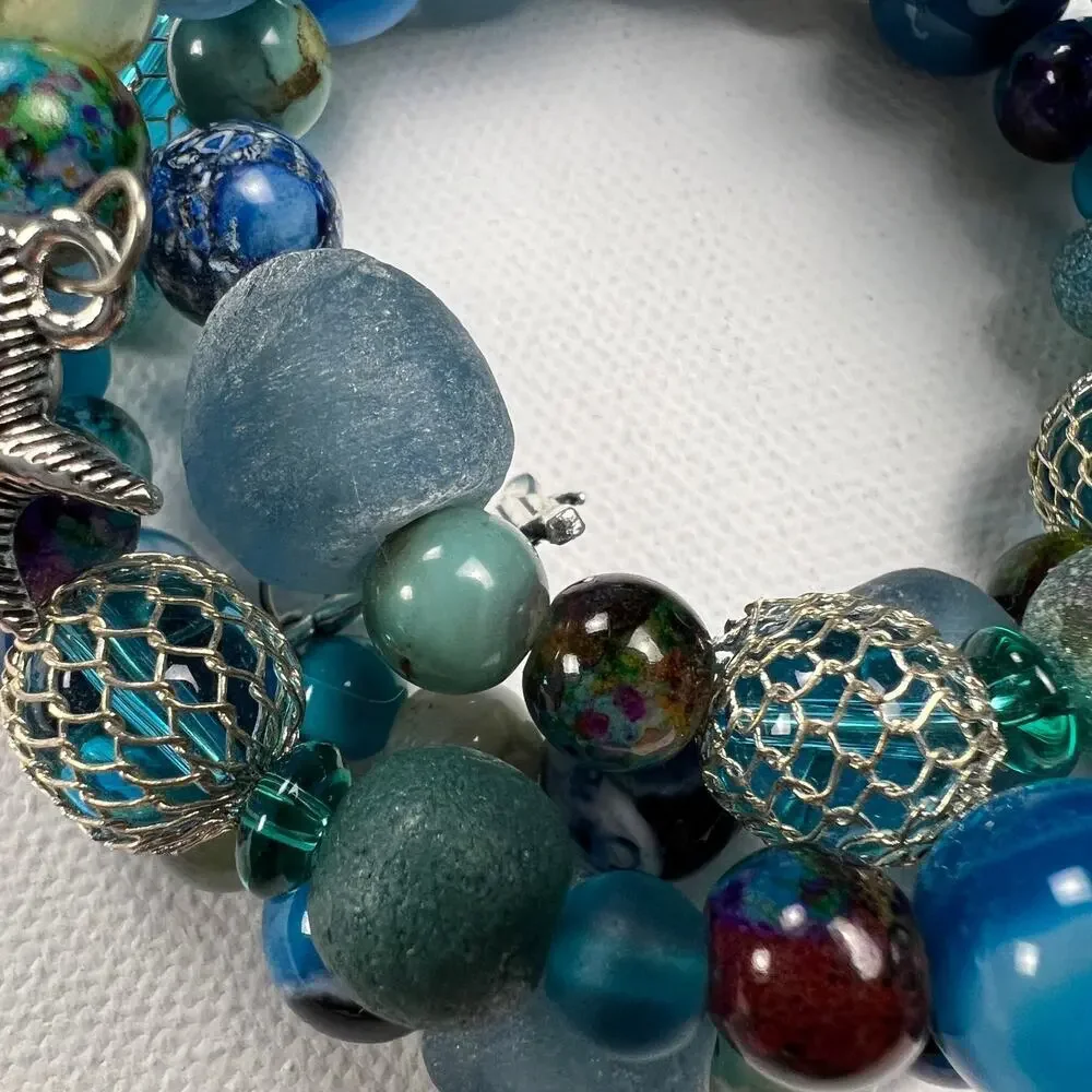 Hand Beaded Coil Statement Bracelet Beachy Turquoise Beads and Mixed Metals